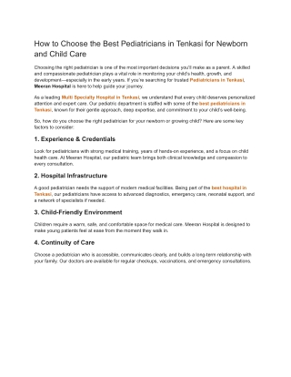 How to Choose the Best Pediatricians in Tenkasi for Newborn and Child Care