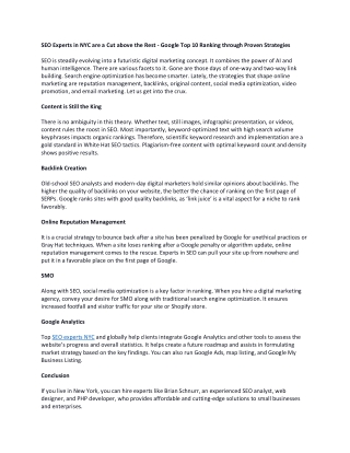 SEO Experts in NYC are a Cut above the Rest - Google Top 10 Ranking through Proven Strategies