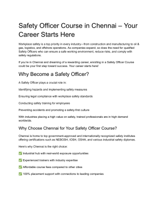 Safety Officer Course in Chennai – Your Career Starts Here