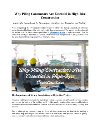 Why Piling Contractors Are Essential in High-Rise Construction?