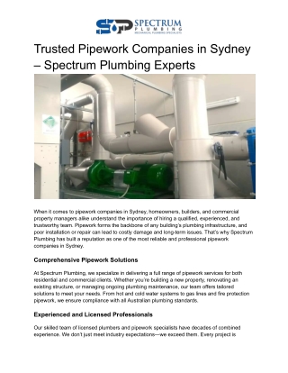 Trusted Pipework Companies in Sydney – Spectrum Plumbing Experts