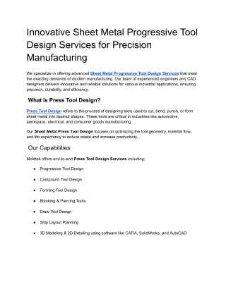 Innovative Sheet Metal ProgressiveTool Design Services for Precision Manufacture