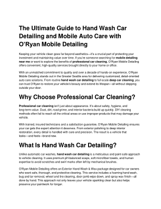 The Ultimate Guide to Hand Wash Car Detailing and Mobile Auto Care with O’Ryan Mobile Detailing