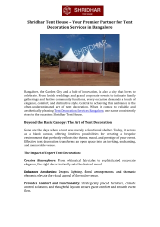 Shridhar Tent House Your Premier Partner for Tent Decoration Services in Bangalore