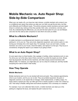 Auto Repair Shop Vs Mobile Car Mechanic Comparison