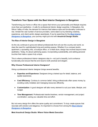 Transform Your Space with the Best Interior Designers in Bangalore