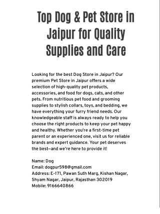 Top Dog & Pet Store in Jaipur for Quality Supplies and Care