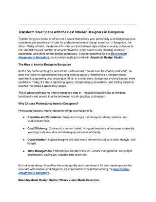 Transform Your Space with the Best Interior Designers in Bangalore