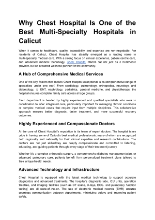 Why Chest Hospital Is One of the Best Multi-Specialty Hospitals in Calicut