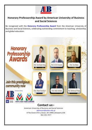 Honorary Professorship Award by American University of Business and Social Scien