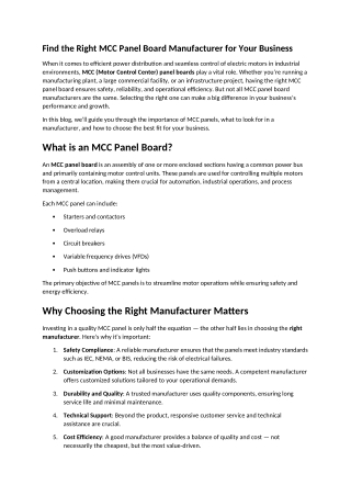Find the Right MCC Panel Board Manufacturer for Your Business