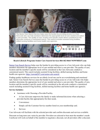 Reach Lifestyle Programs Senior Care Search Services 866-462-0664 NOWMD247