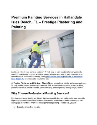 Premium Painting Services in Hallandale Isles Beach, FL – Prestige Plastering an