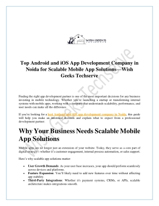 Top Android and iOS App Development Company in Noida for Scalable Mobile App Solutions—Wish Geeks Techserve