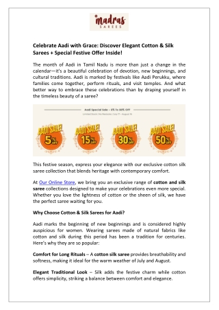 Celebrate Aadi with Grace  Discover Elegant Cotton & Silk Sarees   Special Festive Offer Inside!