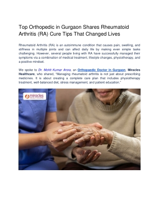 Top Orthopedic in Gurgaon Shares Rheumatoid Arthritis (RA) Cure Tips That Changed Lives