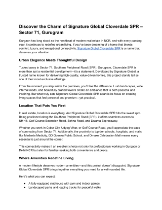 Discover the Charm of Signature Global Cloverdale SPR – Sector 71, Gurugram
