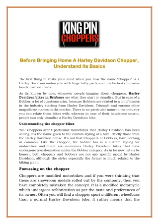Before Bringing Home A Harley Davidson Chopper, Understand Its Basics