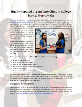 Highly Reputed Urgent Care Clinic in College Park & Morrow, GA
