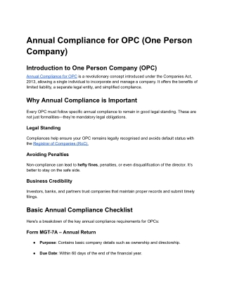 Annual Compliance for OPC (One Person Company)