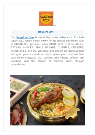 Bangalore Days restaurant menu | Takeaway & Delivery now .