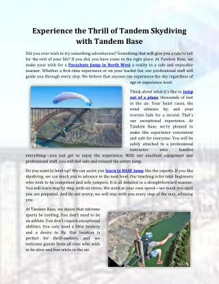 Experience the Thrill of Tandem Skydiving with Tandem Base