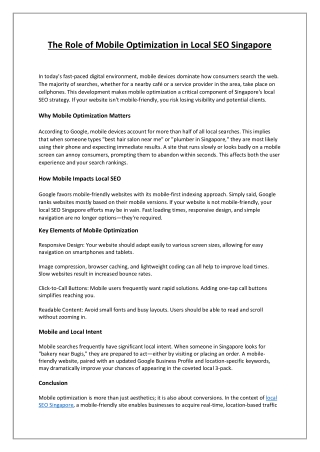 The Role of Mobile Optimization in Local SEO Singapore