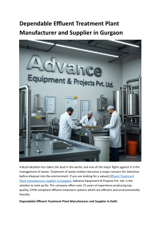 Dependable Effluent Treatment Plant Manufacturer and Supplier in Gurgaon