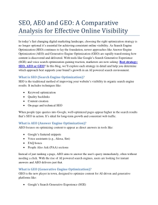 SEO, AEO and GEO: A Comparative Analysis for Effective Online Visibility