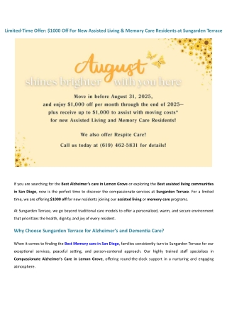 Limited-Time Offer $1000 Off For New Assisted Living & Memory Care Residents at Sungarden Terrace