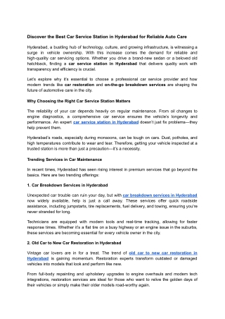 Discover the Best Car Service Station in Hyderabad for Reliable Auto Care