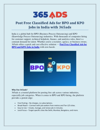 Post Free Classified Ads for BPO and KPO Jobs in India – 365ads