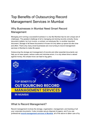 Top Benefits of Outsourcing Record Management Services in Mumbai