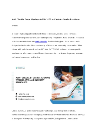Audit Checklist Design Aligning with ISO, IATF, and Industry Standards — Omnex Systems
