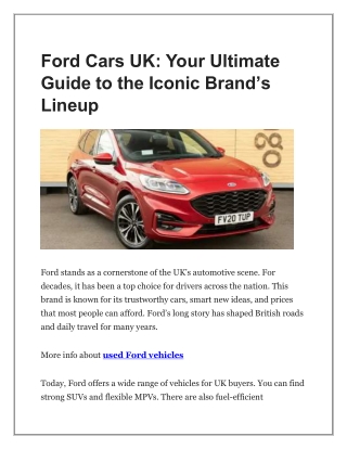 Ford Cars UK-Your Ultimate Guide to the Iconic Brand’s Lineup
