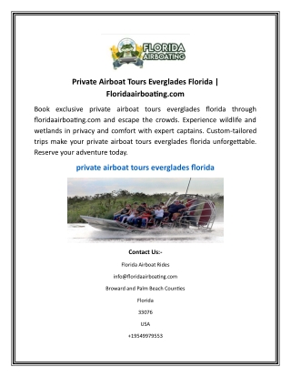 Private Airboat Tours Everglades Florida  Floridaairboating