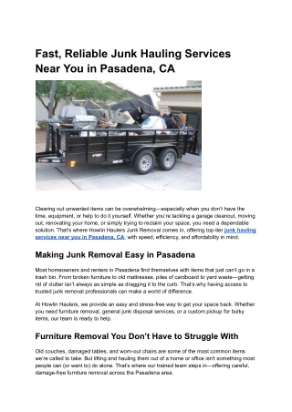 Fast, Reliable Junk Hauling Services Near You in Pasadena, CA