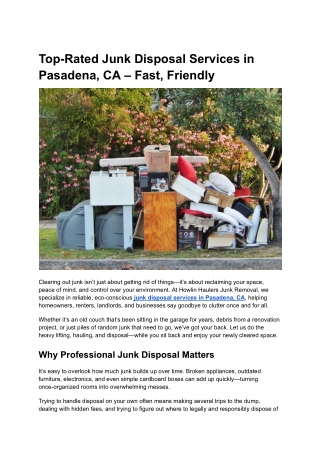 Top-Rated Junk Disposal Services in Pasadena, CA – Fast, Friendly