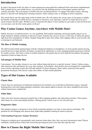 Play Casino Games Anytime, Anywhere with Mobile Slots!