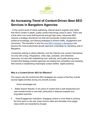 An Increasing Trend of Content-Driven Best SEO Services in Bangalore Agencies