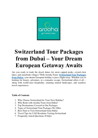 Switzerland Tour Packages from Dubai – Your Dream European Getaway Awaits