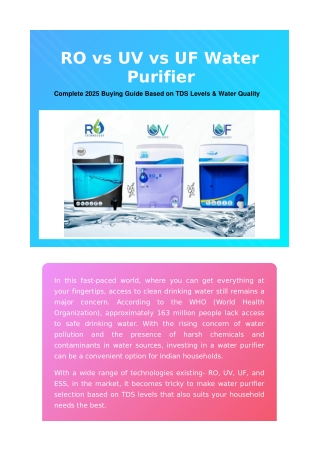 RO vs UV vs UF Water Purifier - Complete 2025 Buying Guide Based on TDS Levels &