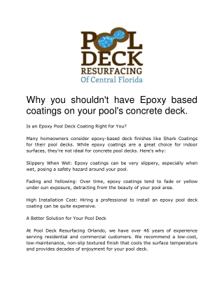 Why you shouldn't have Epoxy based coatings on your pool's concrete deck