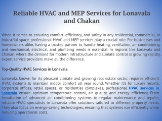 Reliable HVAC and MEP Services for Lonavala and Chakan