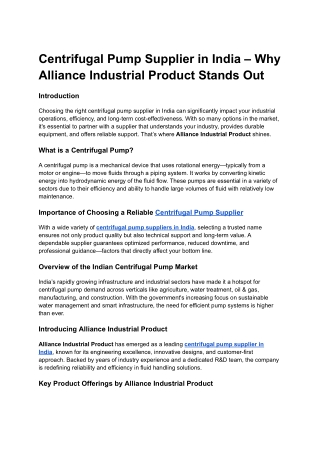 Centrifugal Pump Supplier in India – Why Alliance Industrial Product Stands Out
