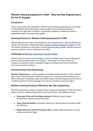 Window Cleaning Equipment in KSA – Why Sea Star Engineering is the Go-To Supplier