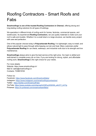 Polycarbonate Roofing Contractors in Chennai - Smart Roofs and Fabs