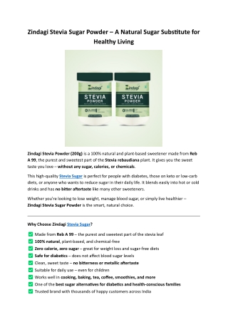 Zindagi Stevia Sugar Powder – A Natural Sugar Substitute for Healthy Living