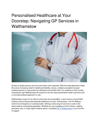 Personalised Healthcare at Your Doorstep: Navigating GP Services in Walthamstow