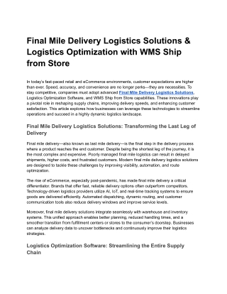 Final Mile Delivery Logistics Solutions & Logistics Optimization with WMS Ship from Store